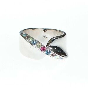 Vintage Silver Wide Band Ring With Pastel Cubic Zirconia Ring Size 6 Colorful